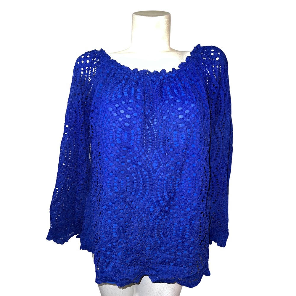 Lilly Pulitzer LS Marble Top True Blue Knotty Lace Bell Sleeve Blouse XL NEW